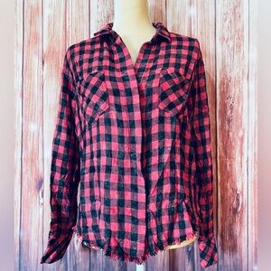Women’s Medium Blouse Cloth Stone Button Down Red Black Plaid Long Sleeves Soft